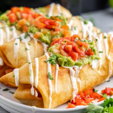 Close up view of air fried chimichangas.