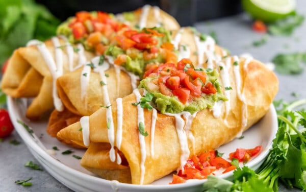 Close up view of air fried chimichangas.