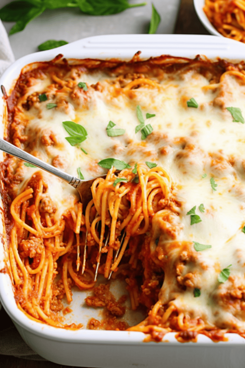 Baked Spaghetti in a casserole dish with a fork sticking in it.