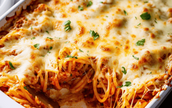 Close up view of baked spaghetti in a white casserole dish.