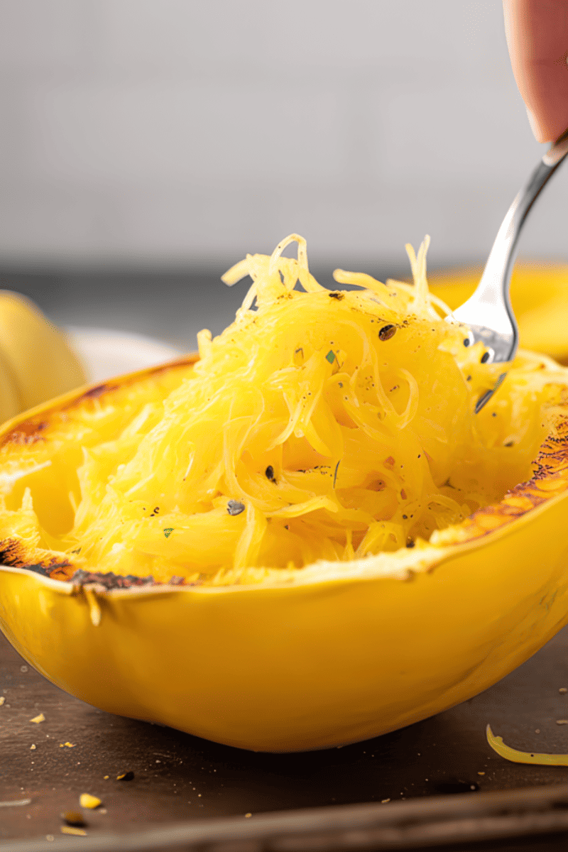 A fork scooping up baked spaghetti squash from a freshly baked squash half.
