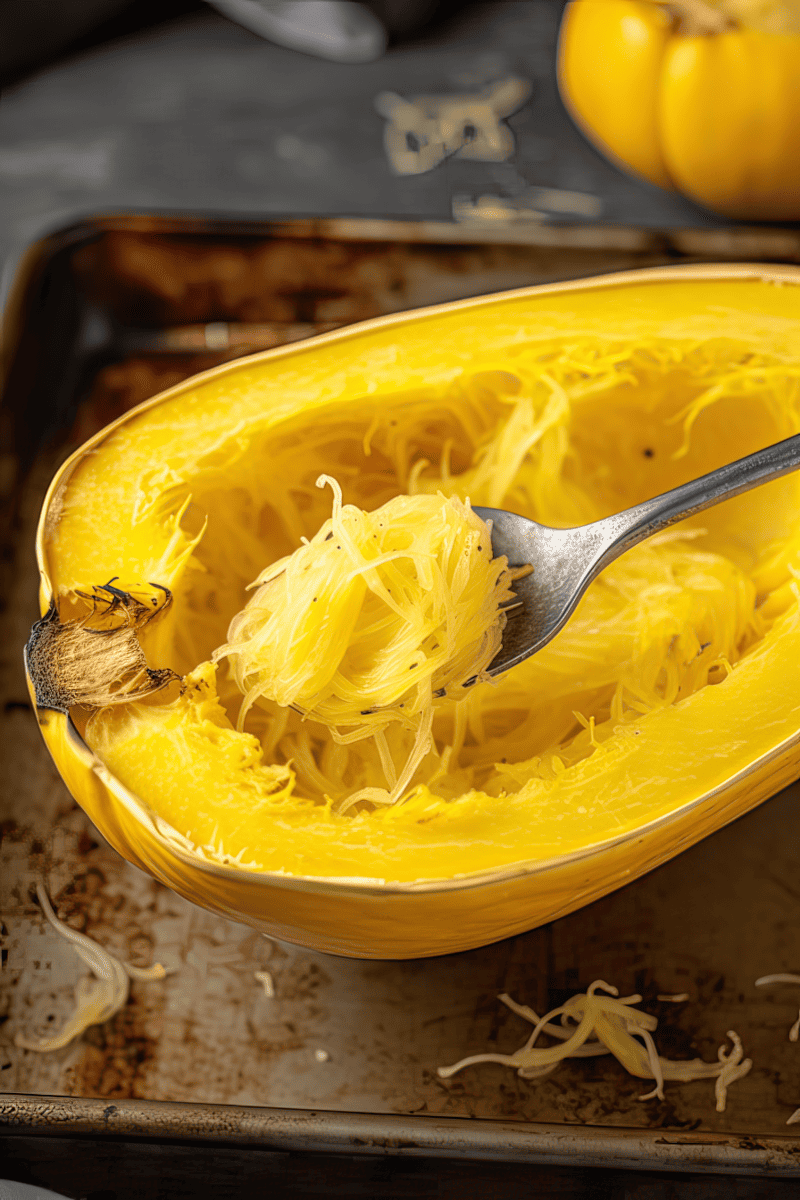 A fork scooping out spaghetti squash on a baking sheet.