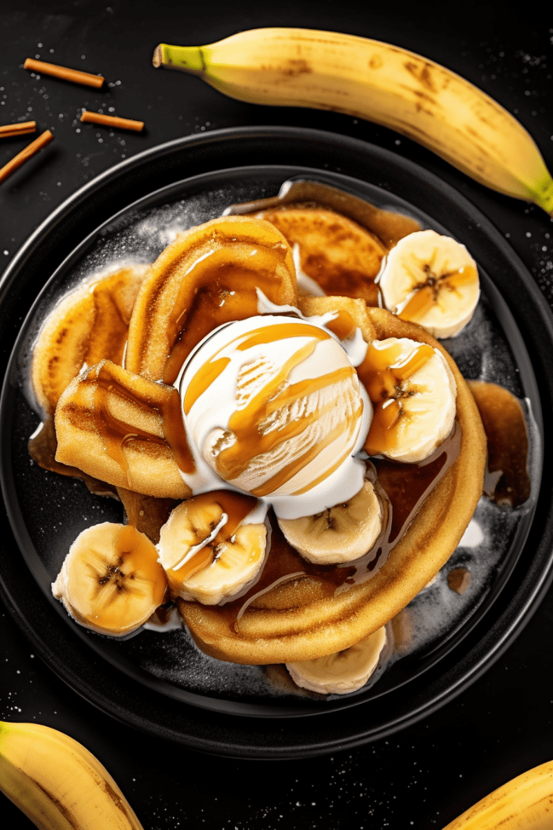 Overhead view of bananas foster on a black plate with vanilla ice cream on top.