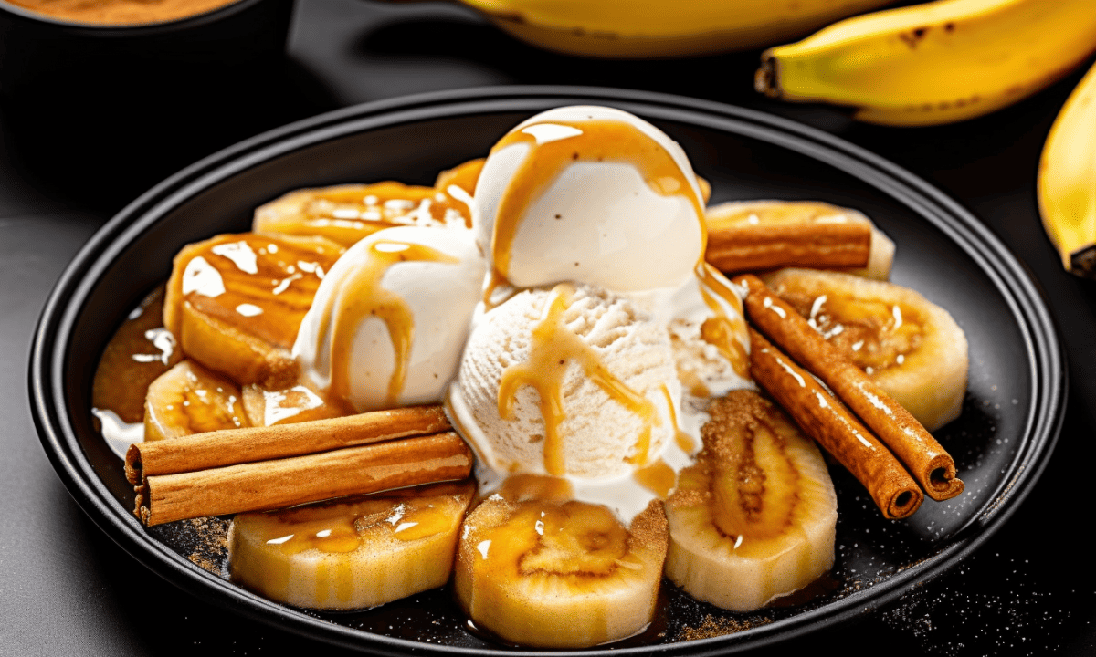 bananas foster on a black plate with vanilla ice cream on top and cinnamon sticks to garnish.