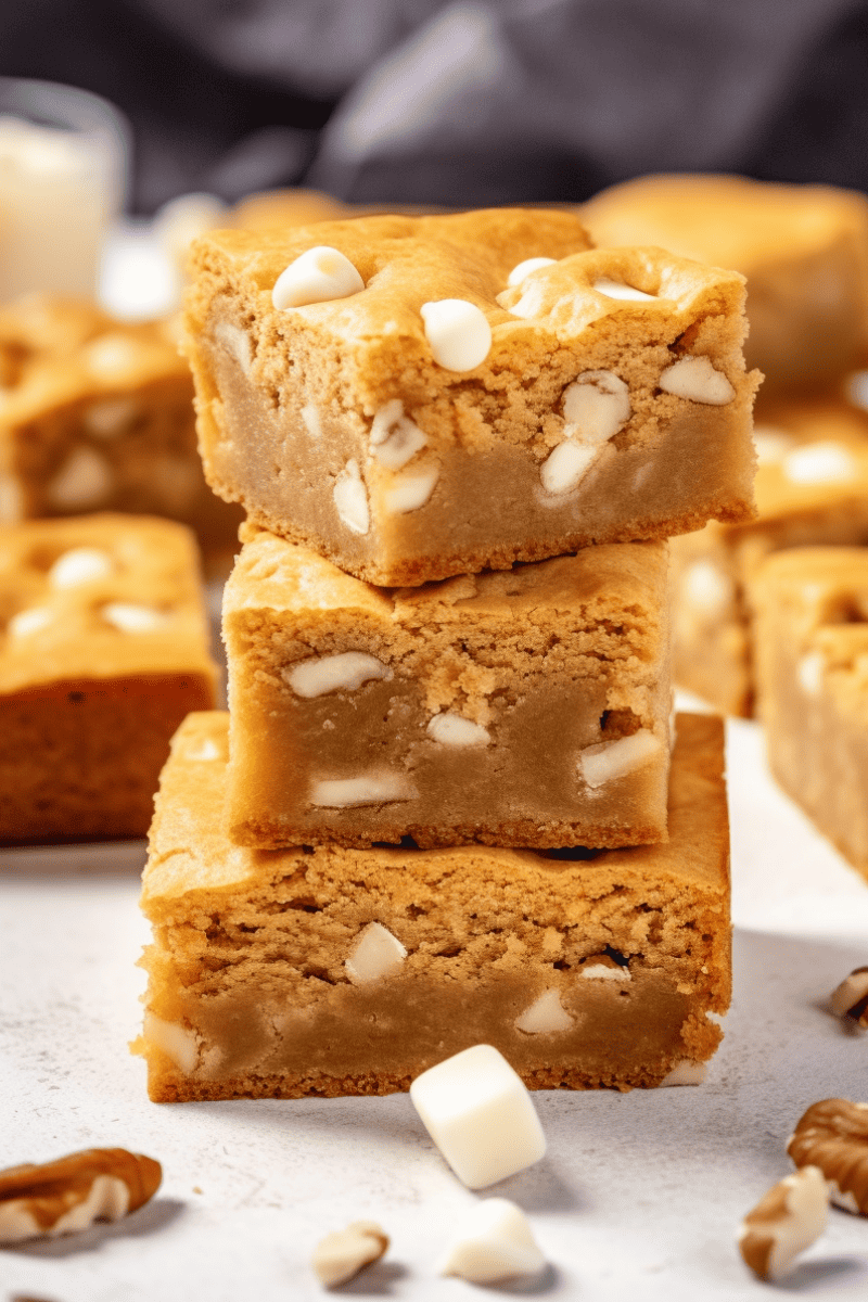 A stack of 3 blondies with white chocolate chips and chopped pecans.
