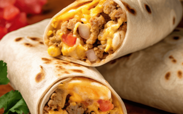 A stack of breakfast burritos filled with egg, sausage, and cheese.