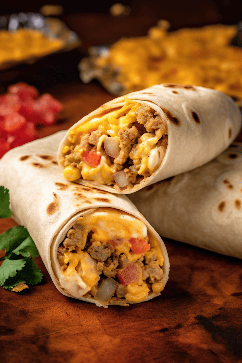 A stack of breakfast burritos filled with egg, sausage, and cheese.
