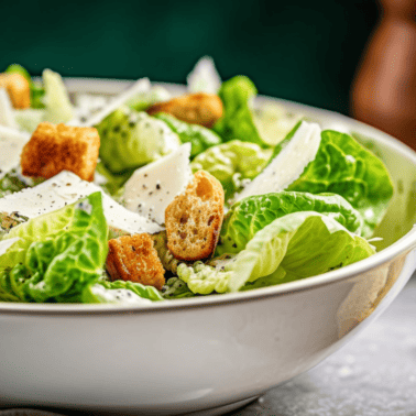 Classic Caesar Salad in a large white bowl with shaved parmesan and croutons.