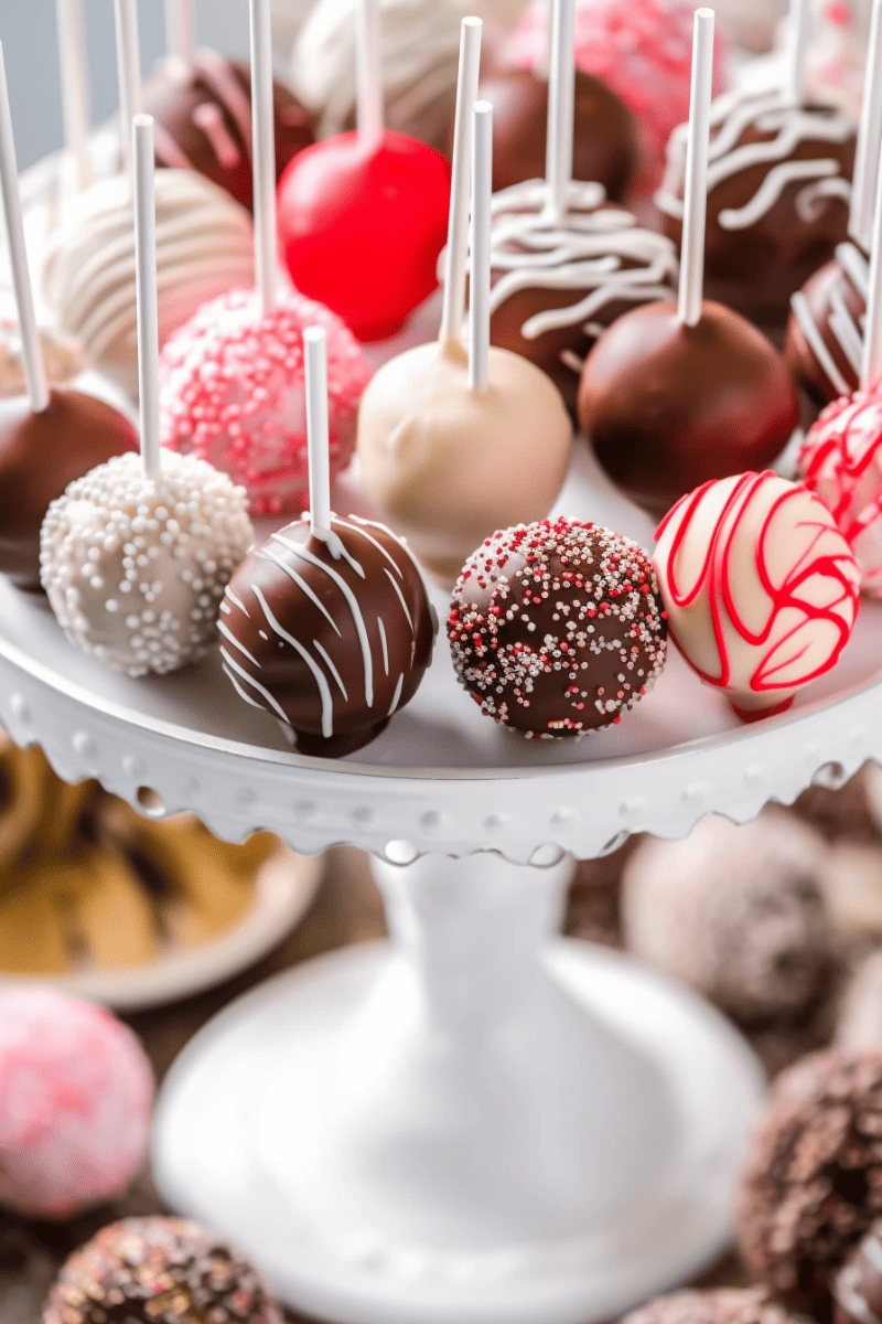 A variety of decorated cake pops on a white cake stand.