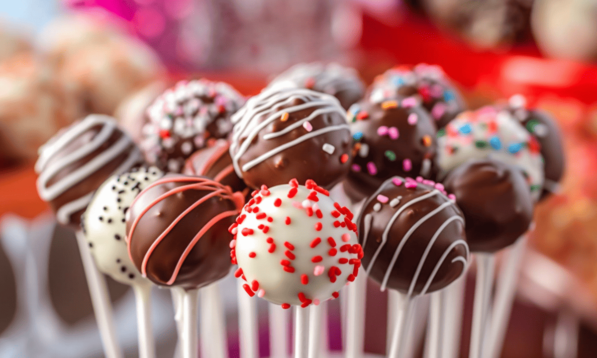 Close up view of a variety of colorfully decorated cake pops.