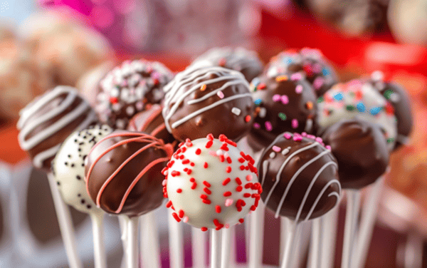 Close up view of a variety of colorfully decorated cake pops.