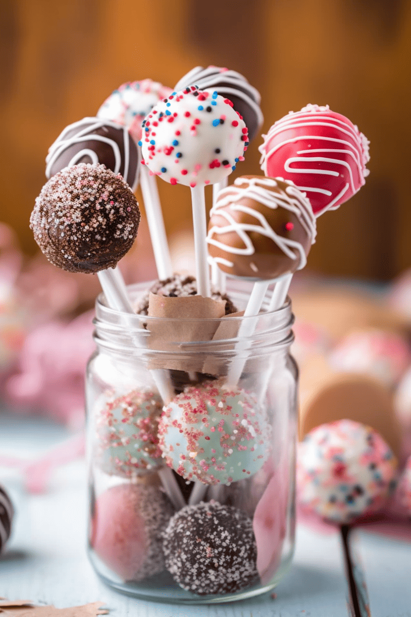 Bundle of cake colorfully decorated cake pops displayed in a mason jar.