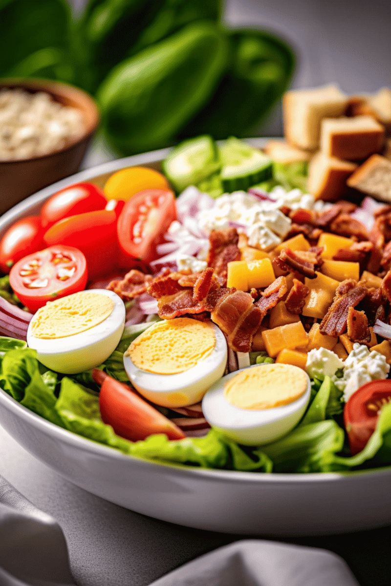 Classic Chef Salad in a white bowl with boiled eggs, bacon, tomatoes, cheese, cucumber, and crouton.