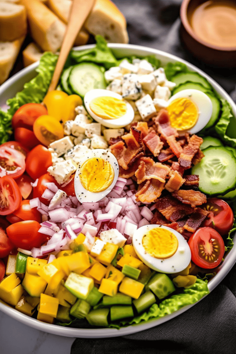 A large chef salad in a white bowl with bread slices on the side.