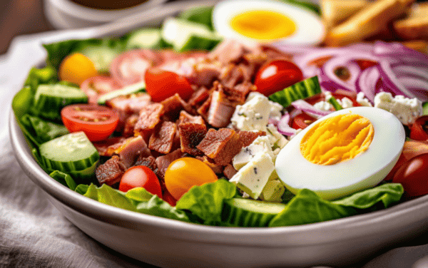 Close up view of Chef Salad in a large white bowl with egg, bacon, cucumber, cheese, and tomato.