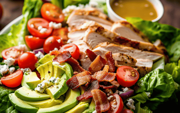 Close up view of Classic Cobb Salad with chicken, tomatoes, avocado, bacon, and onion on a bed of watercress and romaine lettuce.