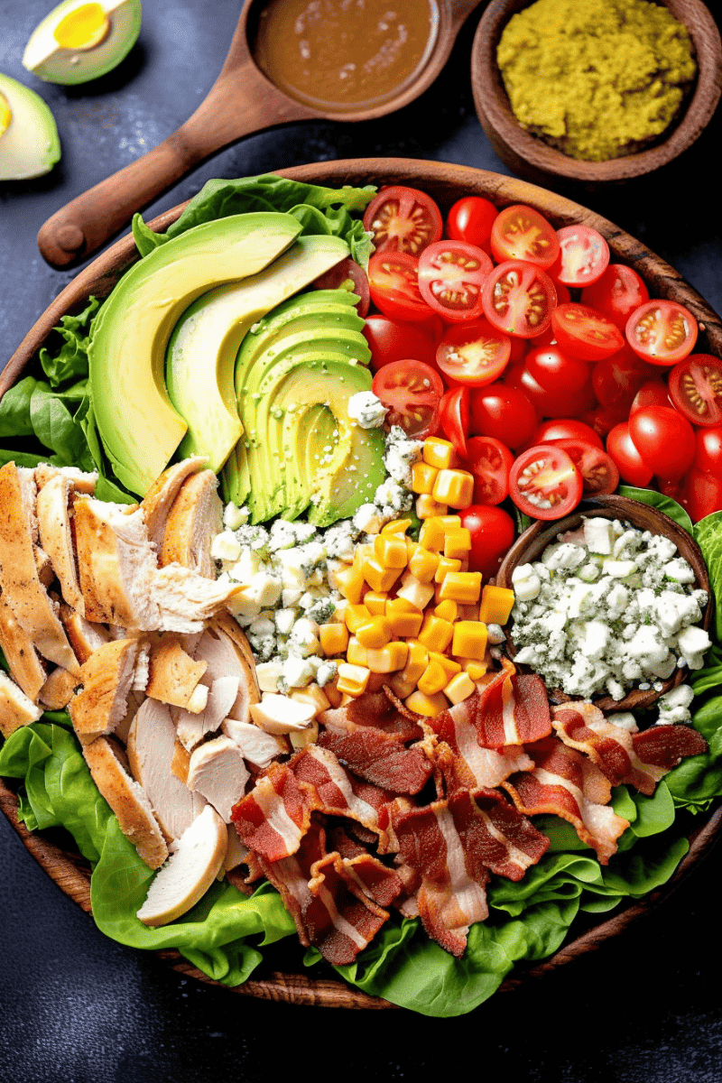 Overhead view of a classic cobb salad with avocado, chicken, cheese, bacon, and tomatoes.
