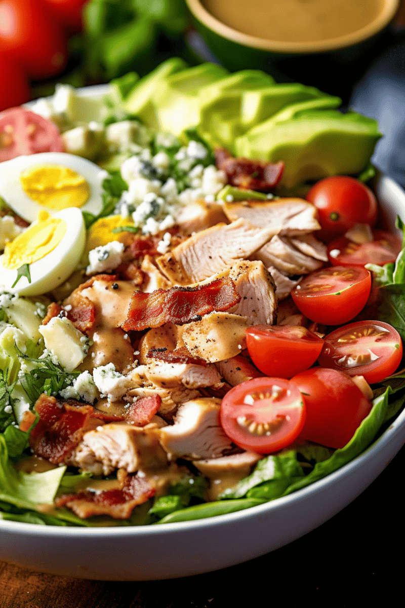 Classic Cobb Salad in a large white bowl with a bowl of vinaigrette in the background.