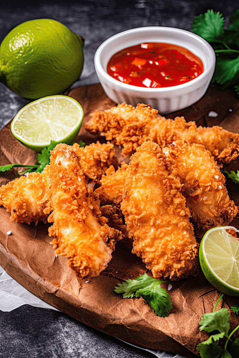 A pile of crispy coconut chicken strips on a wooden cutting board with a small white bowl of sweet chili dipping sauce in the background.