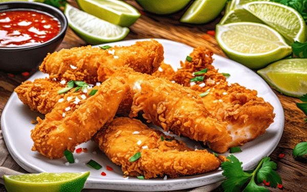A pile of crispy coconut chicken strips on a white plate.