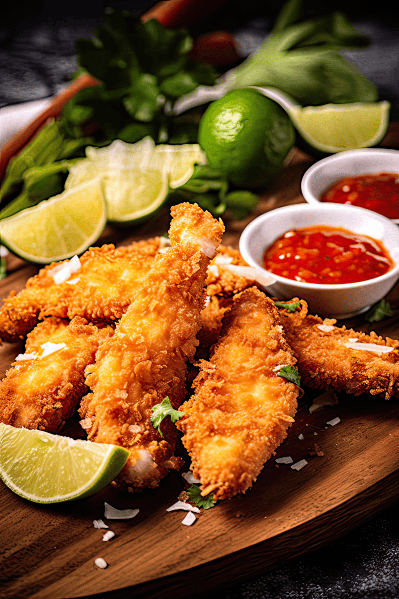 Crispy coconut chicken tenders on a wooden cutting board.