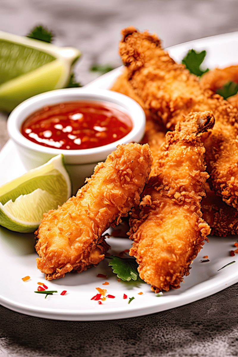 Coconut Chicken Strips on a white plate with a small bowl of sweet chile sauce for dipping.