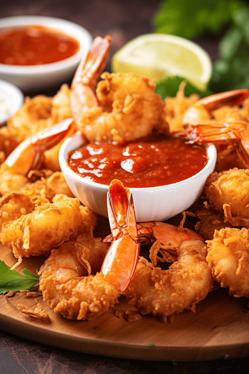 Coconut shrimp on a wooden platter with a bowl of sweet chili sauce in the middle.
