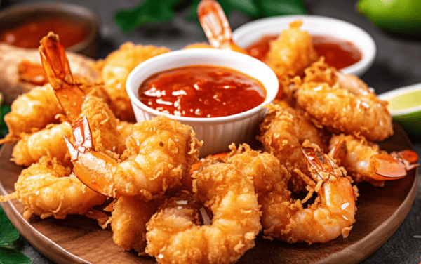 Coconut shrimp on a wooden platter with sweet chili sauce in the middle for dipping.