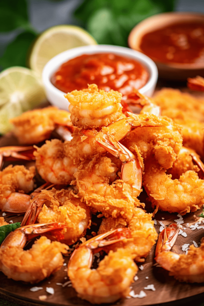 A pile of crispy fried coconut shrimp on a wooden platter.