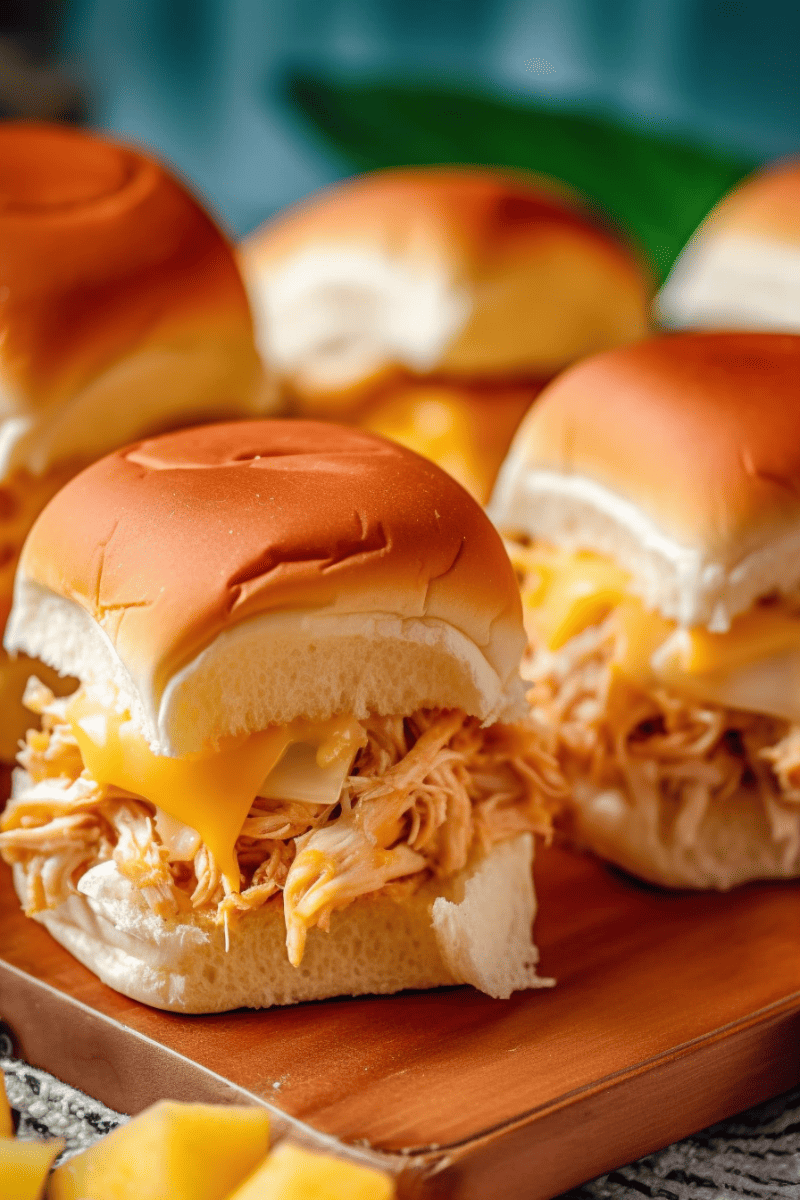 Cream Cheese Chicken sliders with melted cheddar cheese on a wooden cutting board.