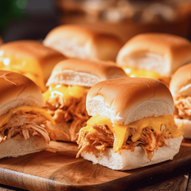 Cream Cheese Chicken Sliders on a wooden platter with melted cheddar cheese.