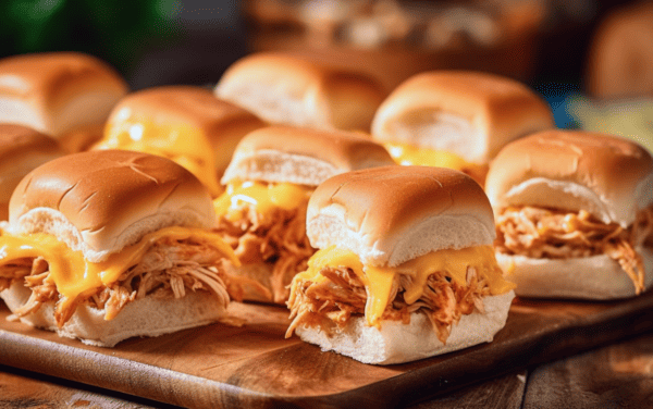 Cream Cheese Chicken Sliders on a wooden platter with melted cheddar cheese.