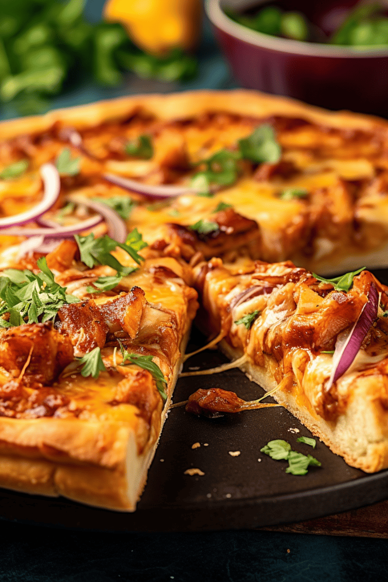 Deep Dish BBQ CHicken Pizza garnished with cilantro.