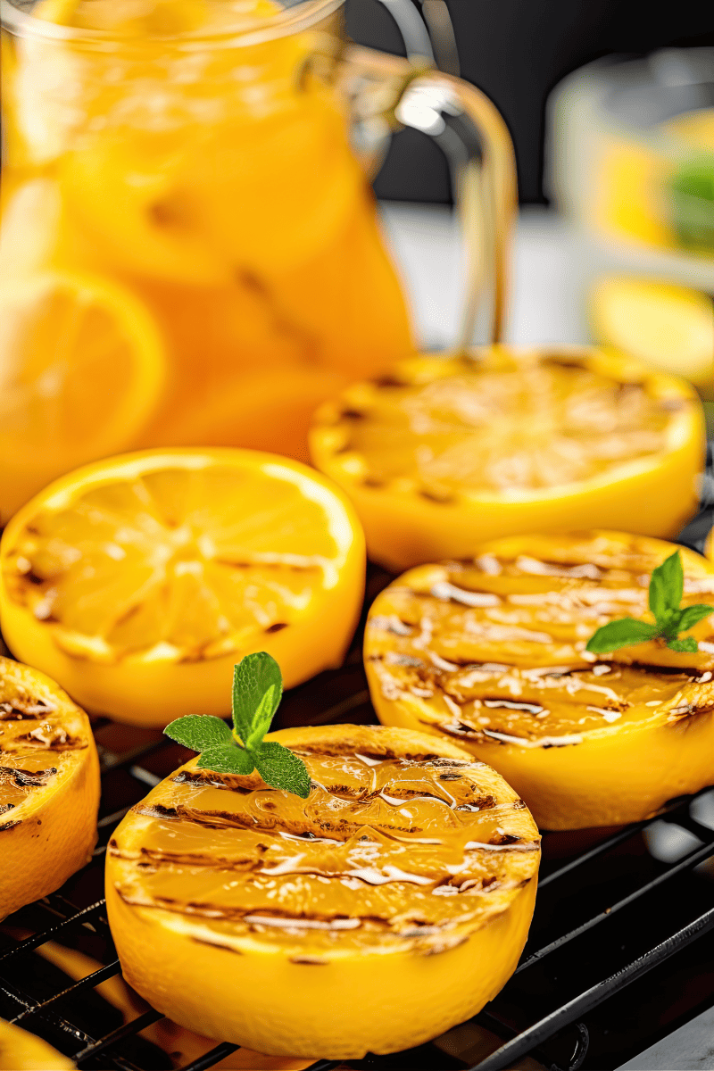 Grilled lemon halves with a pitcher of grilled lemonade in the background.