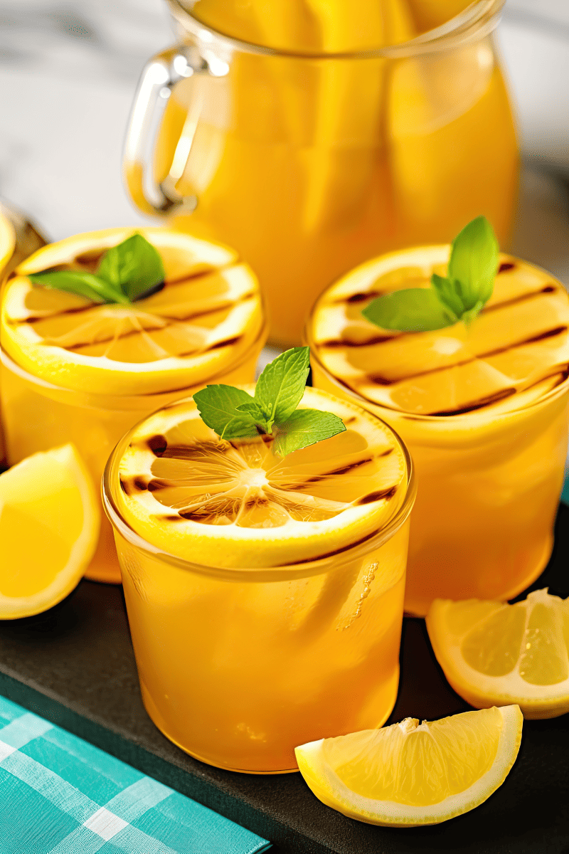 3 small glasses of grilled lemonade topped with grilled lemon slices.