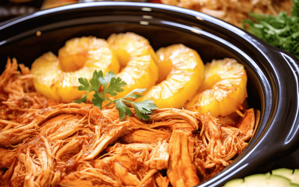Shredded Hawaiian-style BBQ Chicken with sliced pineapple rings on top in a slow cooker.