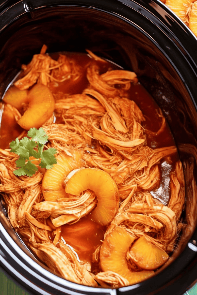 Shredded Hawaiian-style chicken with pineapple rings in a slow cooker with a sprig of parsley on top.