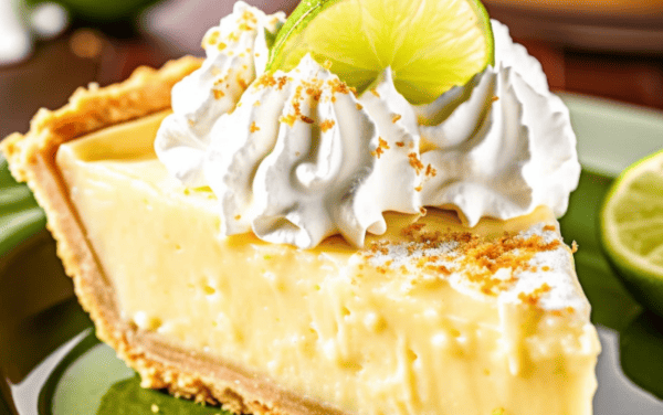 A slice of key lime pie on a green plate garnished with a lime slice and graham cracker crumbs.