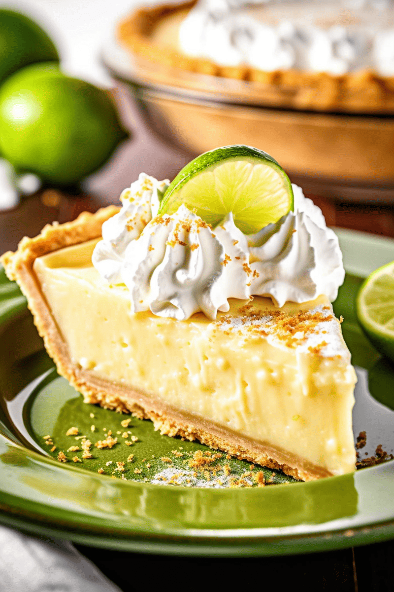 A slice of key lime pie on a green plate garnished with a lime slice and graham cracker crumbs.