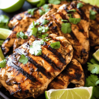 Grilled Margarita Chicken and limes on a platter garnished with cilantro.