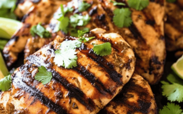 Grilled Margarita Chicken and limes on a platter garnished with cilantro.
