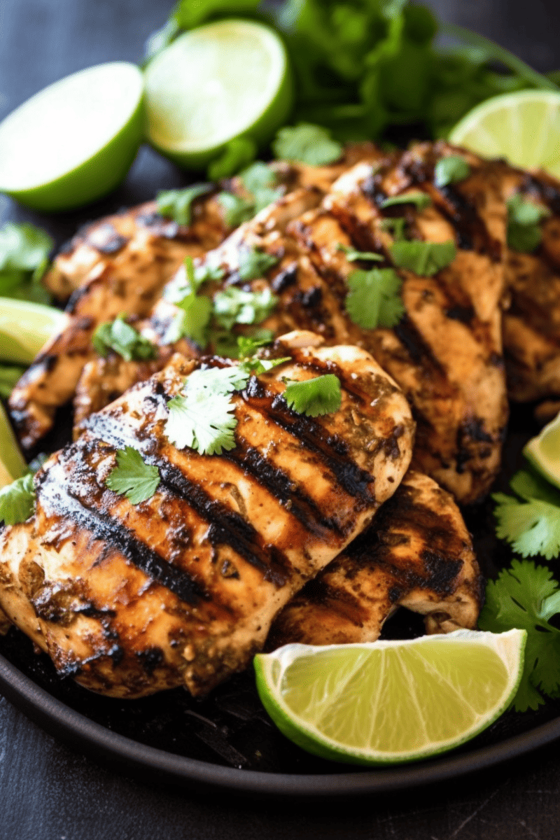 Grilled Margarita Chicken and limes on a platter garnished with cilantro.