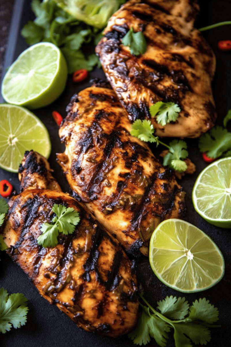 Overhead view of grilled Margarita Chicken and limes on a platter garnished with cilantro.