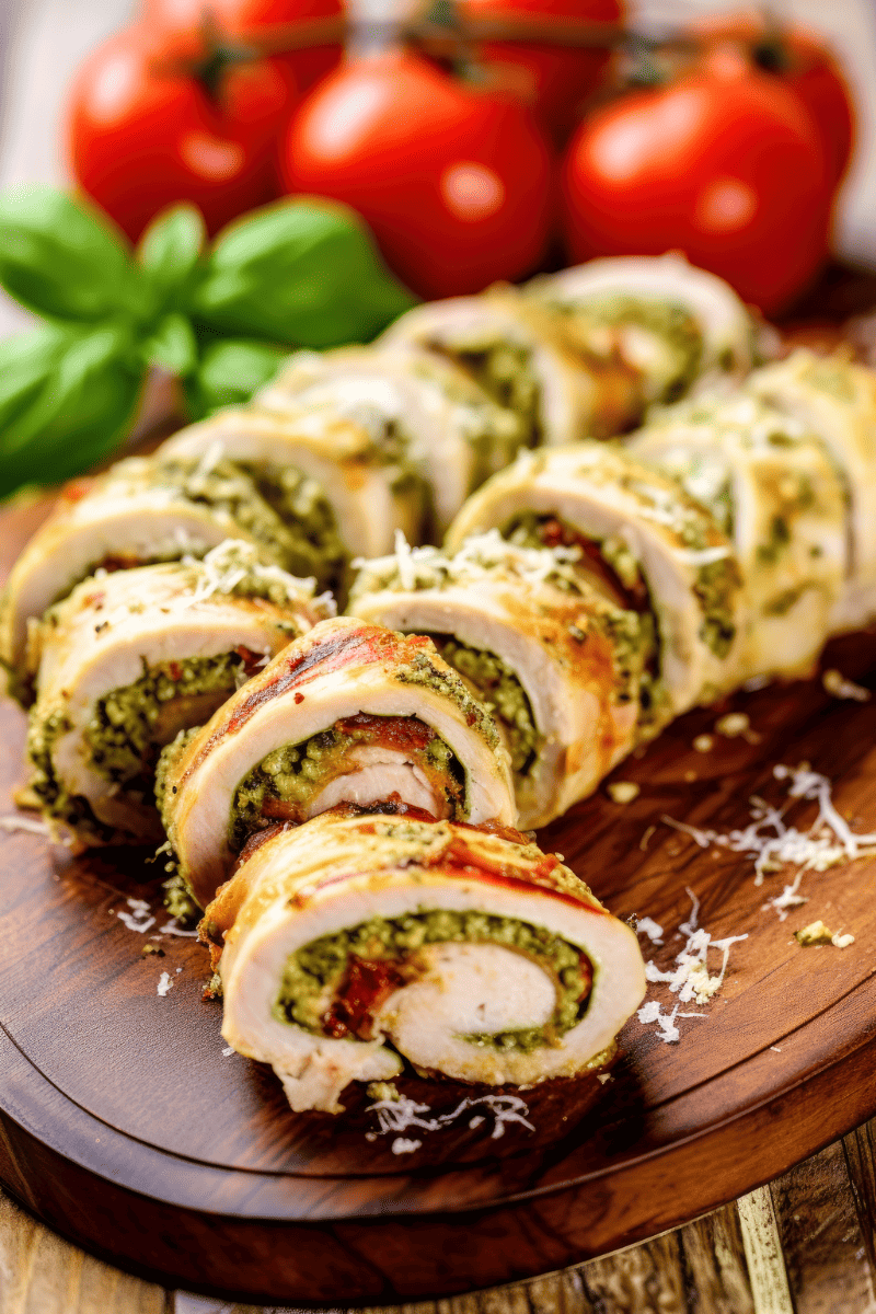 Sliced pesto chicken roll ups on a wooden serving platter.