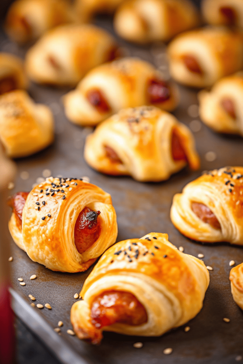 Pigs in a blanket on a baking sheet.