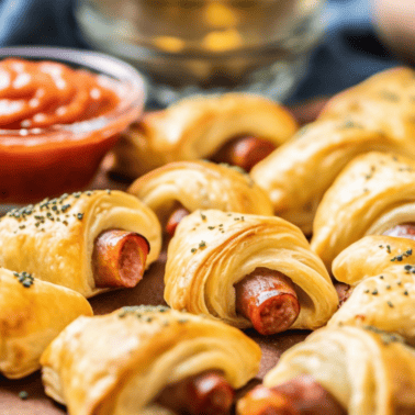 Pigs in a blanket on a wooden serving platter with a bowl of ketchup for dipping.