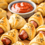 Pigs in a blanket on a serving board with a bowl of ketchup for dipping.