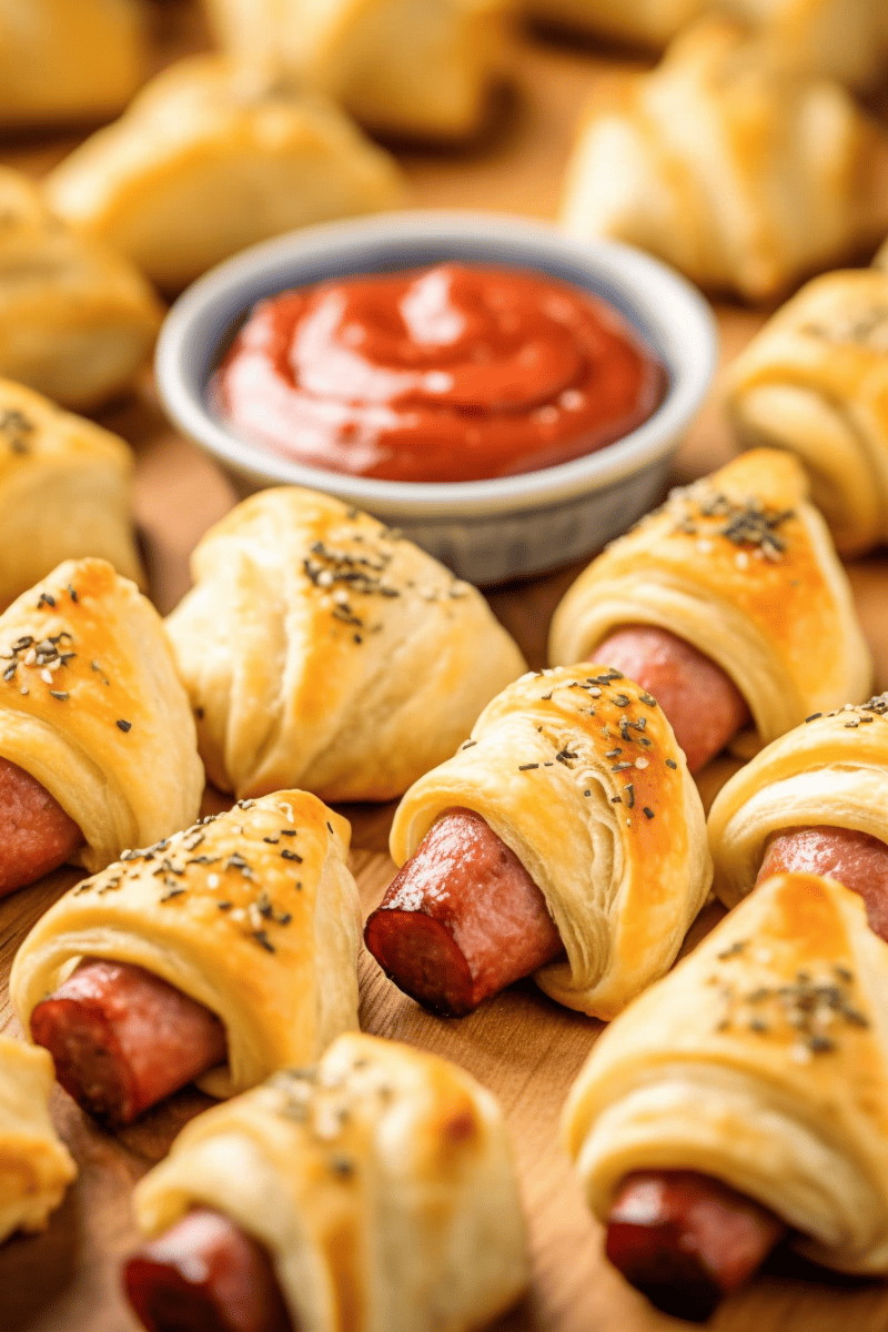Pigs in a blanket on a serving board with a bowl of ketchup for dipping.