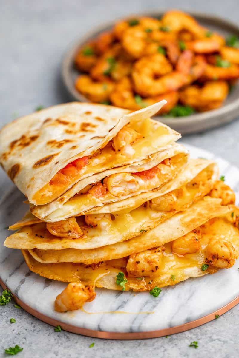 Stack of shrimp quesadillas.