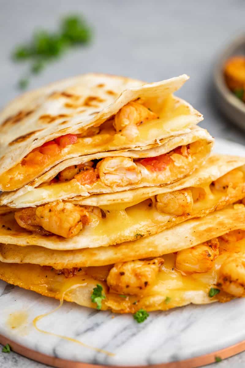 Stack of shrimp quesadillas.